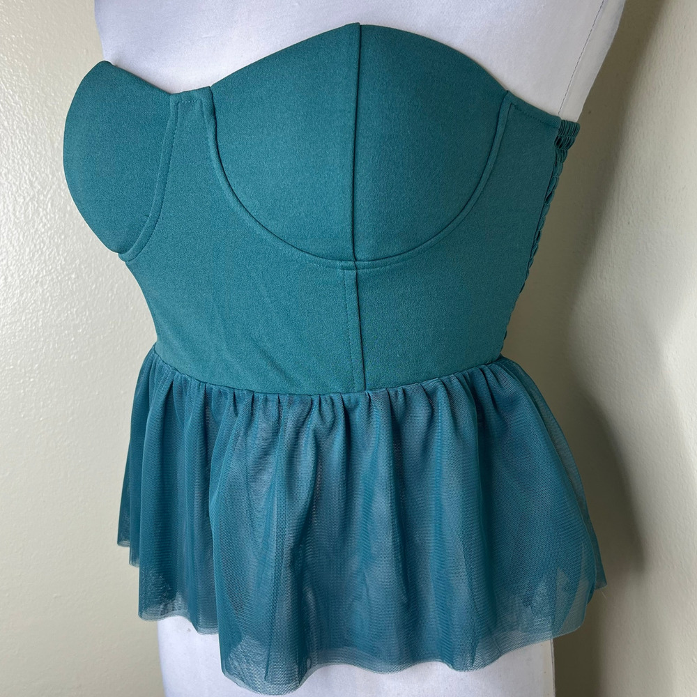 Sincerely Jules Bustier Top Medium Strapless Teal Tulle Peplum Crop Smocked New